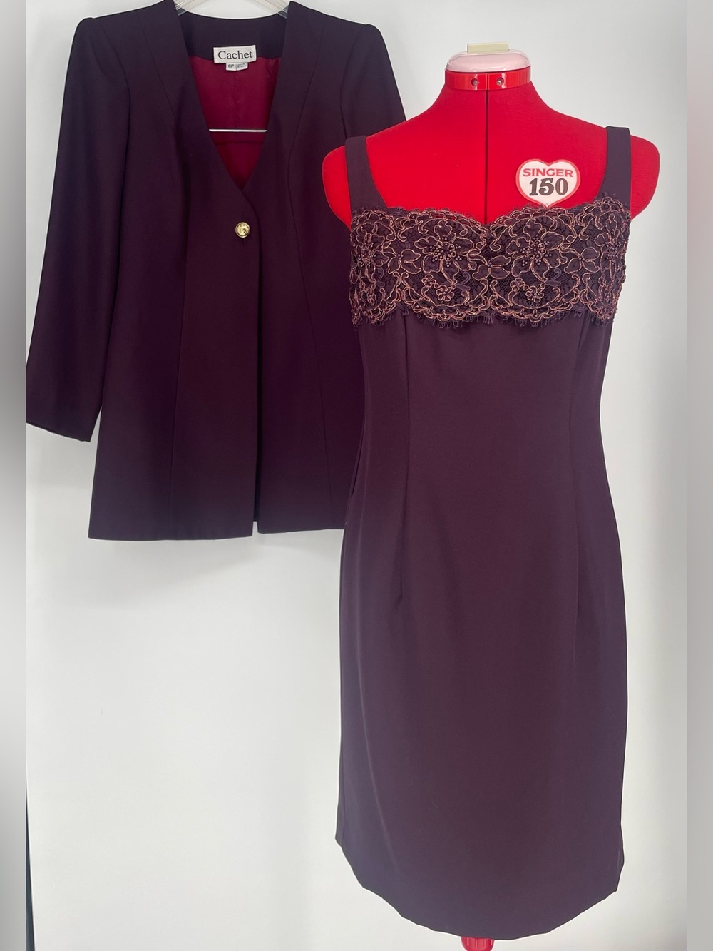 VTG 90s NWT Cachet Cohoes Aubergine 2 Piece Embellished Dress & Blazer Jacket